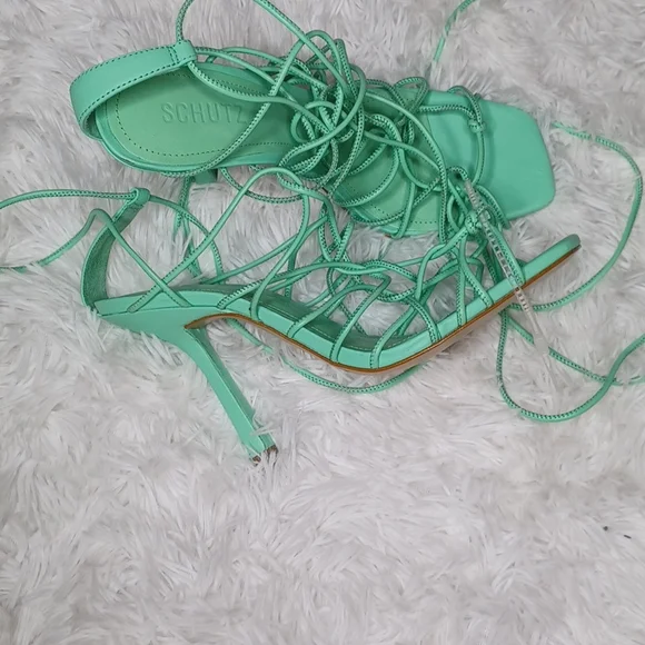 SCHUTZ Heyde Nappa Leather Heeled Strappy Lace Up Sandal Mint Green NEW Size 9.5 - Picture 2 of 10